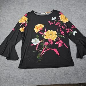 Susan Graver Shirt Womens XL Black Floral Bell Sleeve Liquid Knit Going Out